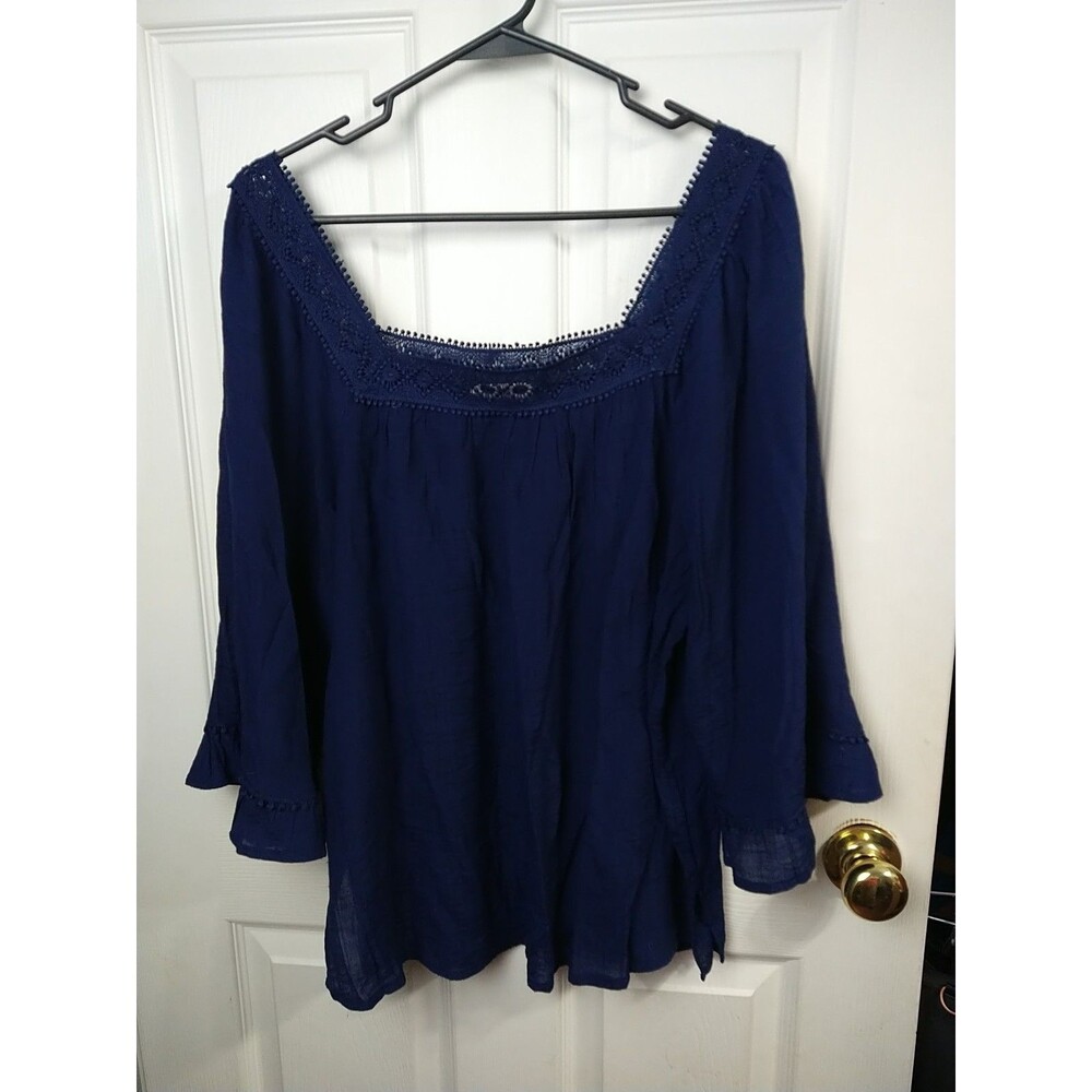 Retrology Blouse Woman L Blue Boho Chic Lagenlook Semi Sheer Balloon Ruffle...